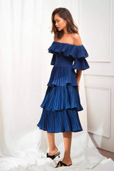 Off-Shoulder Tiered Pleated Midi Dress in Lightweight Silk Blend Fabric